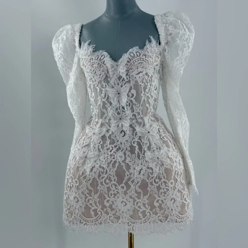 🆕 BRONX & BANCO 🧿 NWOT Colette Lace Long Sleeve Mini Dress, White Sz S / US 4